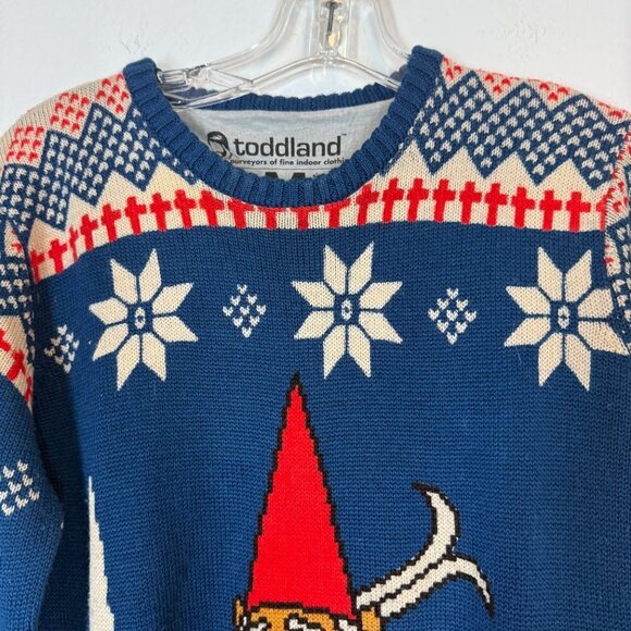 Ski Gnome Sweater Fair Isle Blue Red Winter Cozy Holiday Medium - Picture 4 of 8